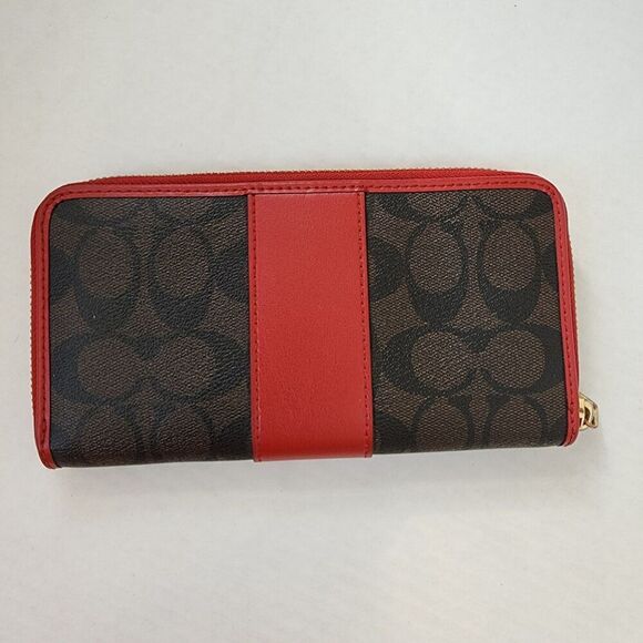 Coach Long Accordion Zip Around Wallet In Signature Canvas With Maroon Accent - Picture 2 of 10